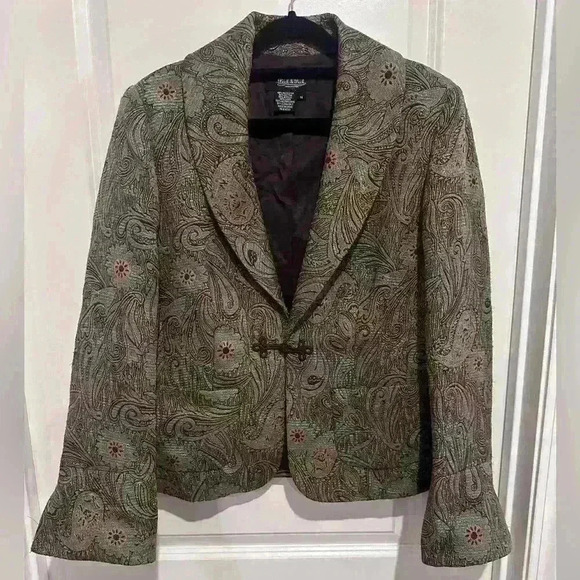 Peck & Peck Women’s Blazer Jacket Blue Flowers w Gold Accents Sz 14 - Picture 2 of 4